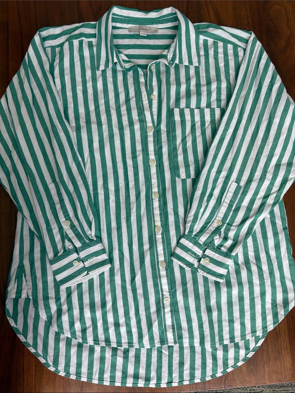 LOFT Striped Poplin Everyday Oversized Pocket Shirt Green White Size Medium - Picture 5 of 9